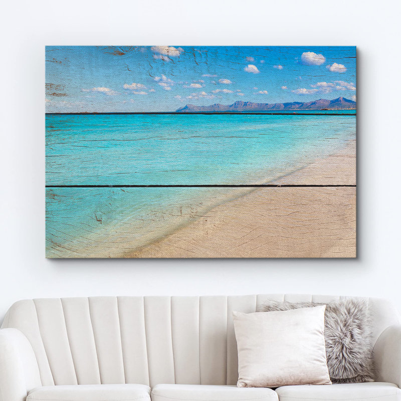 Plage de sable tropicale sur des panneaux de bois, H 12 po x l 18 po
