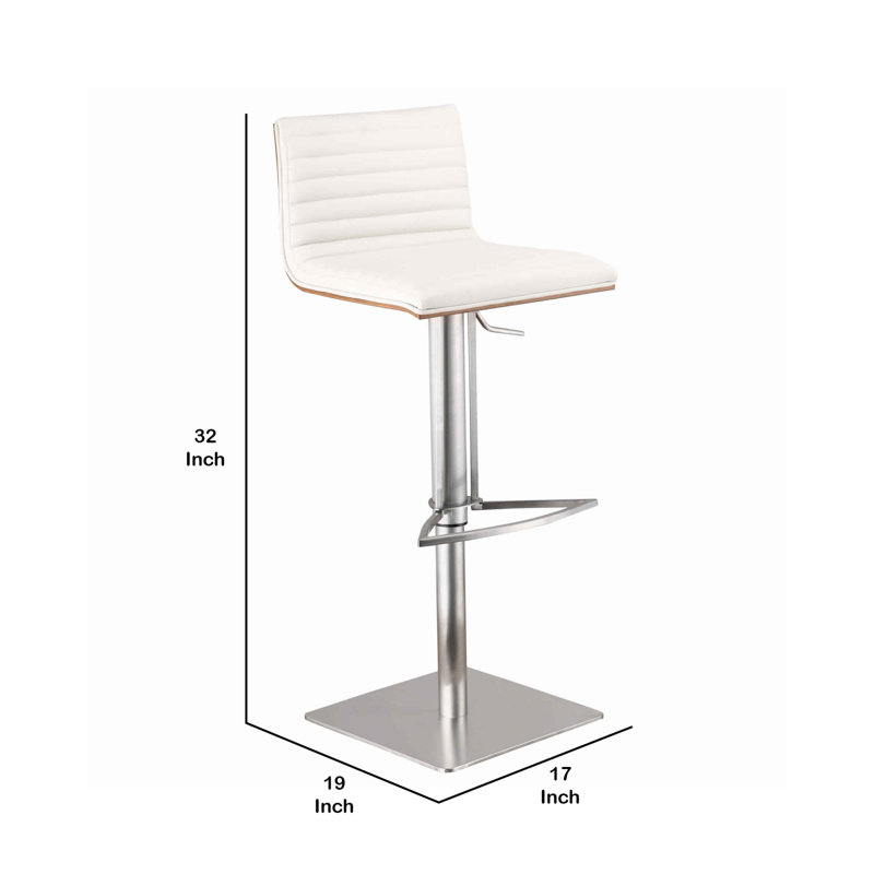 Acarlar Adjustable Height Swivel Faux Leather and Walnut Wood Bar Stool with Metal Base, White, Stainless Steel