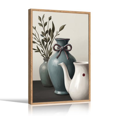 Blue Vase with Red Bow and White Pitcher Canvas Wall Art