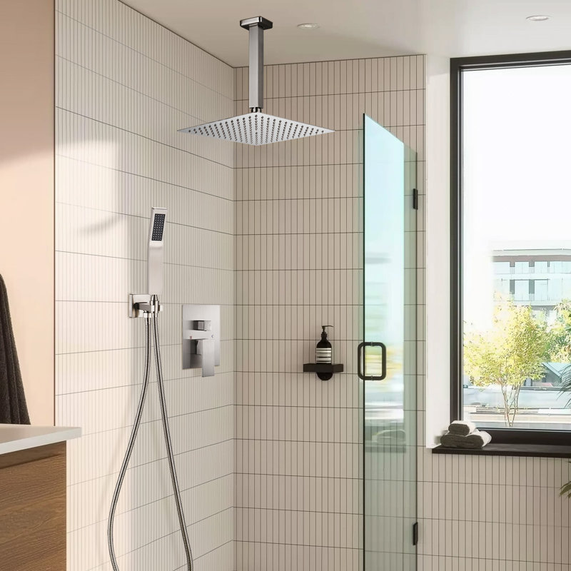 Ceiling-Mounted Complete 10" High-Pressure Shower System with Rough in-Valve Brushed Nickel, Brushed Nickel