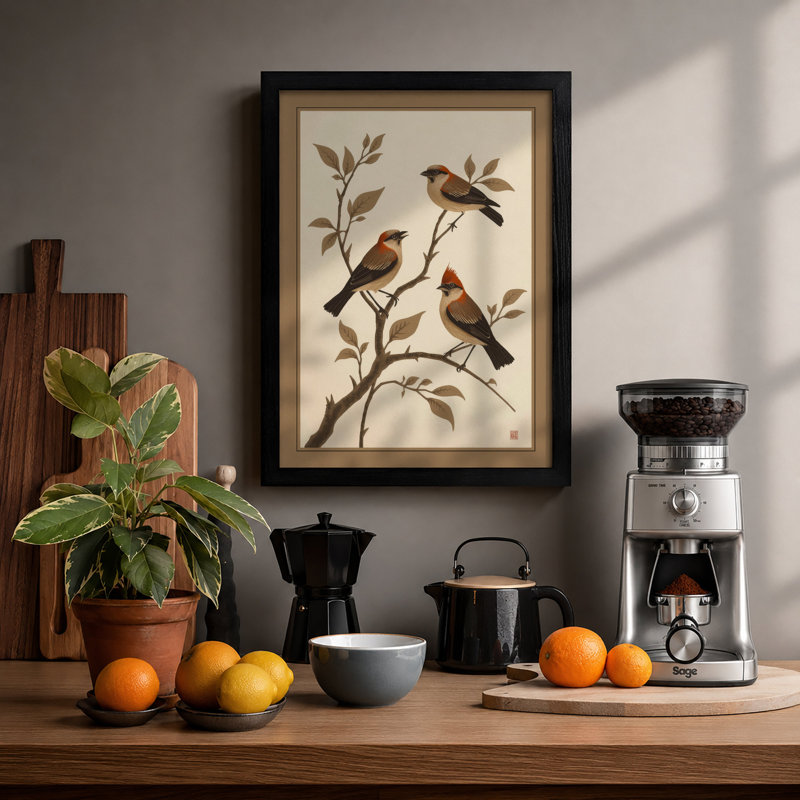 Perched Among Branches Botanical - Framed Print, A2 - 59.4 x 42.0 cm, Black