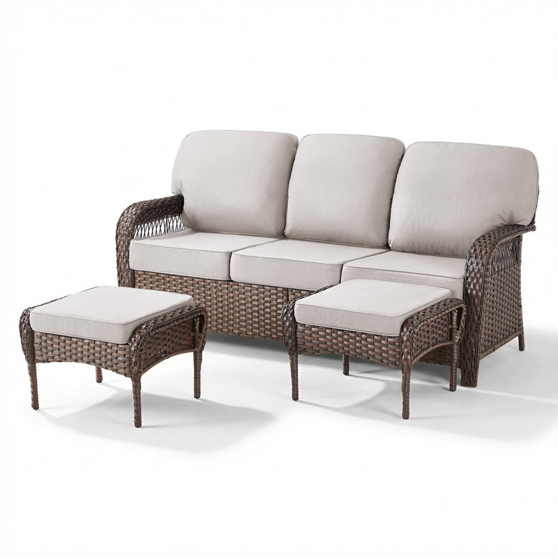 Outdoor Wicker Courtyard T-Shape Cushion Sofa With Ottomans, Beige, Brown