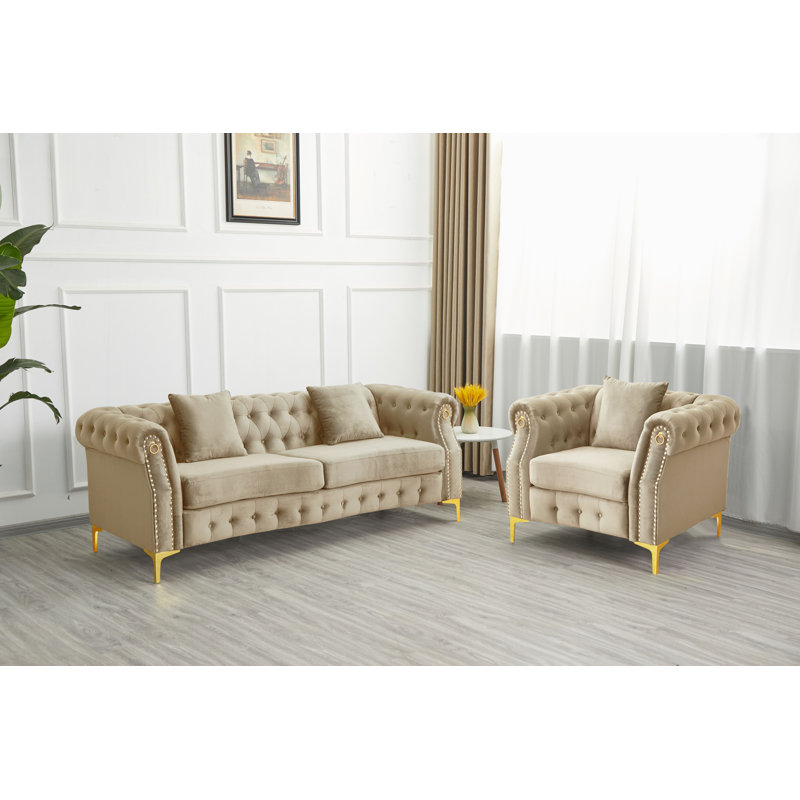 Ensemble de salon rembourré 2 pièces avec pieds en métal, Beige