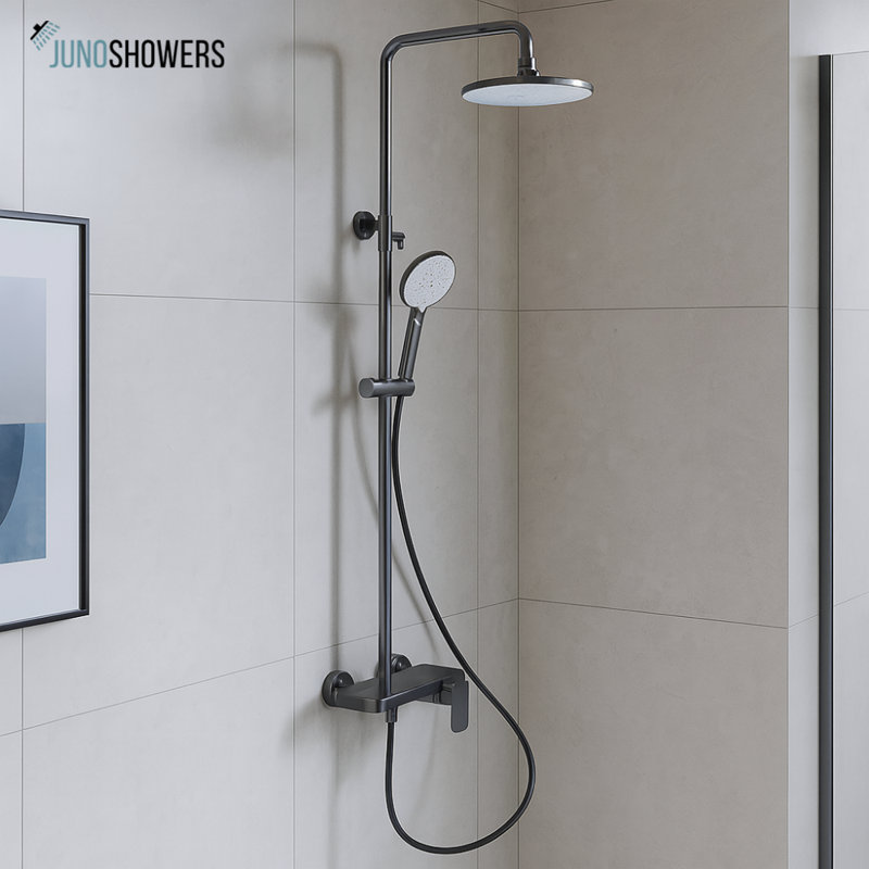 Juno Commercial Chrome Finish Wall Mounted Single Handle Round Shower System with Square Rain Shower Head and Slide Bar