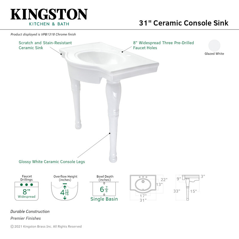 Lavabo de salle de bain console rectangulaire en céramique avec trop-plein Templeton