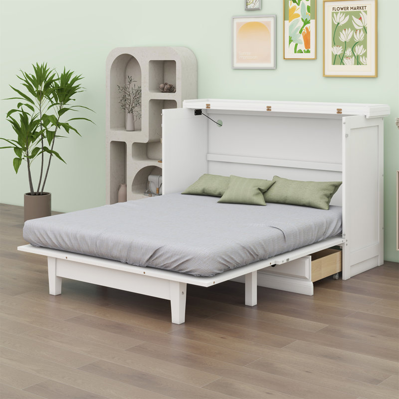Lit escamotable en bois avec station de charge et grand tiroir de rangement, Grand, Blanc
