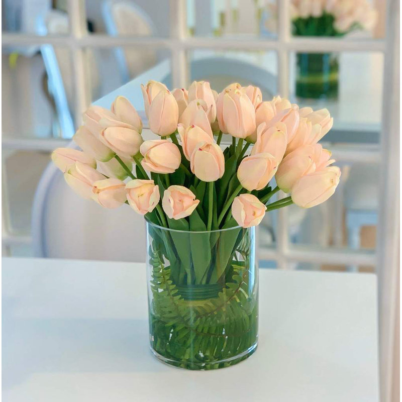 Large Real Touch Tulip Arrangement In Cylinder Glass Vase