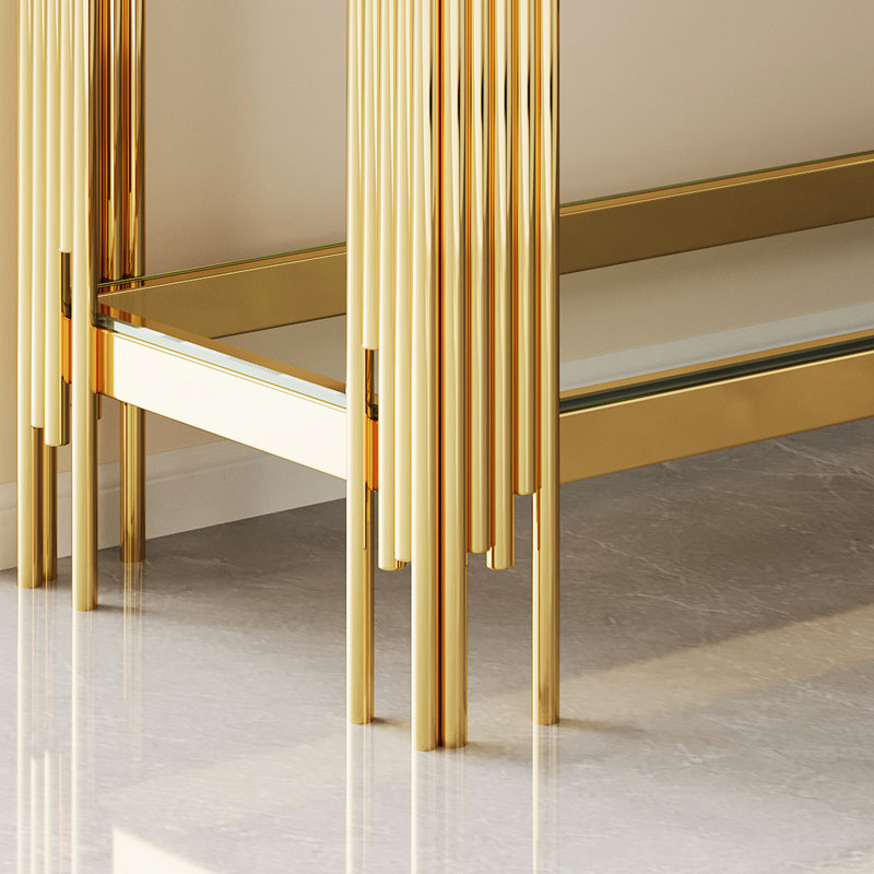 Console avec verre à double couche, cadre en acier inoxydable de couleur dorée, ajoute du caractère à la table à cadre fini miroir, plus d'espace de rangement trempé et facile à nettoyer