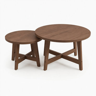 Set of 2 Round Nesting Coffee Tables, Walnut tone Finish Modern Side Tables, X-Shaped Frame Stackable End Tables for Living Room, Bedroom, Balcony