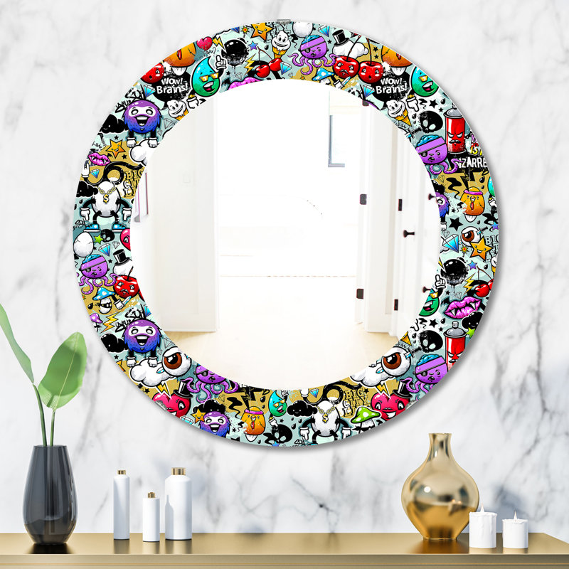 Graffiti Texture Wall Mirror, Printed Modern Oval/Round - Graffiti Texture, 23.6" H x 23.6" W