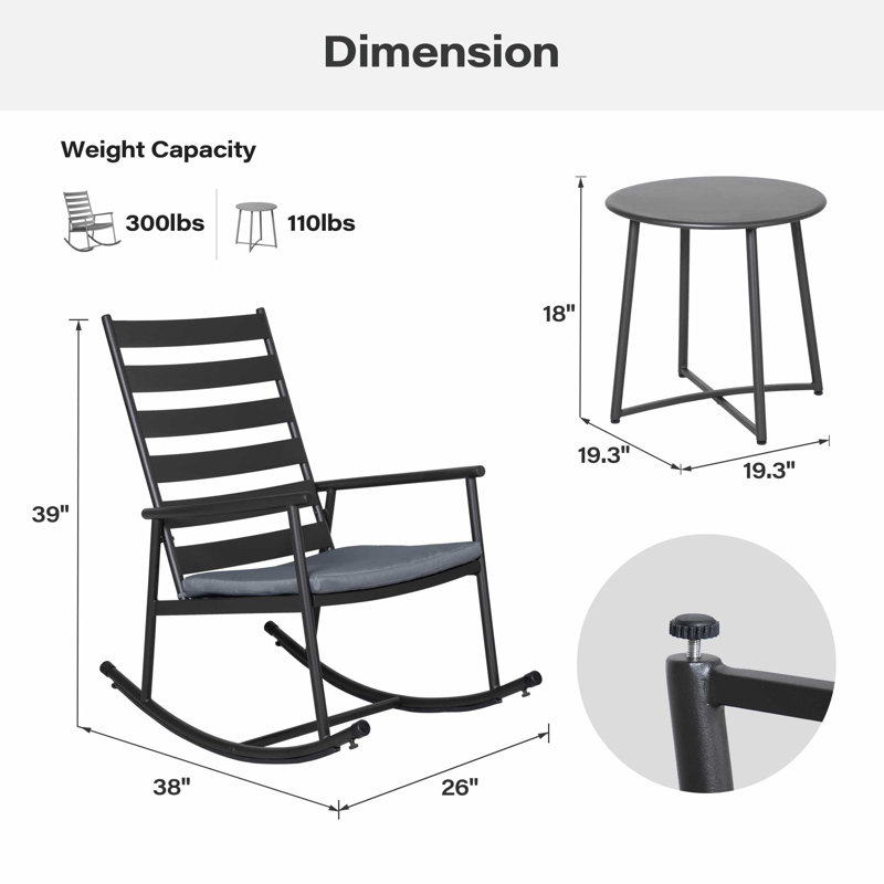 Ensemble bistro en métal pour 2 personnes avec coussins, ensemble de conversation en osier avec table basse, Gris / noir