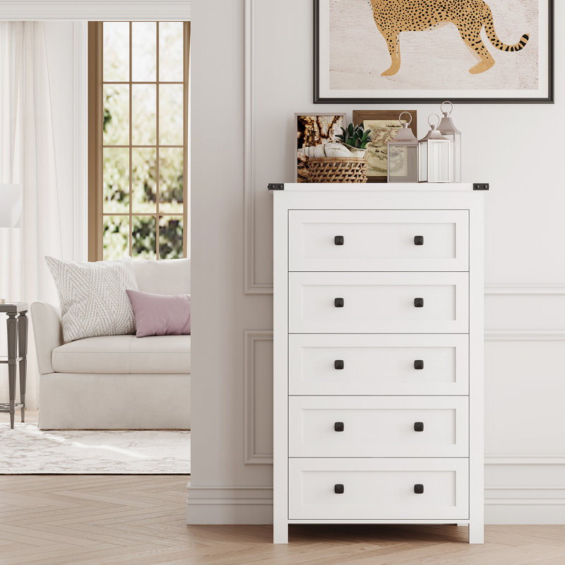 Lasharon 15.75"W Narrow 5-Drawer Dresser w/Slide Rails & Anti-Tip, Space-Saving Bedroom Storage, Black/Gold