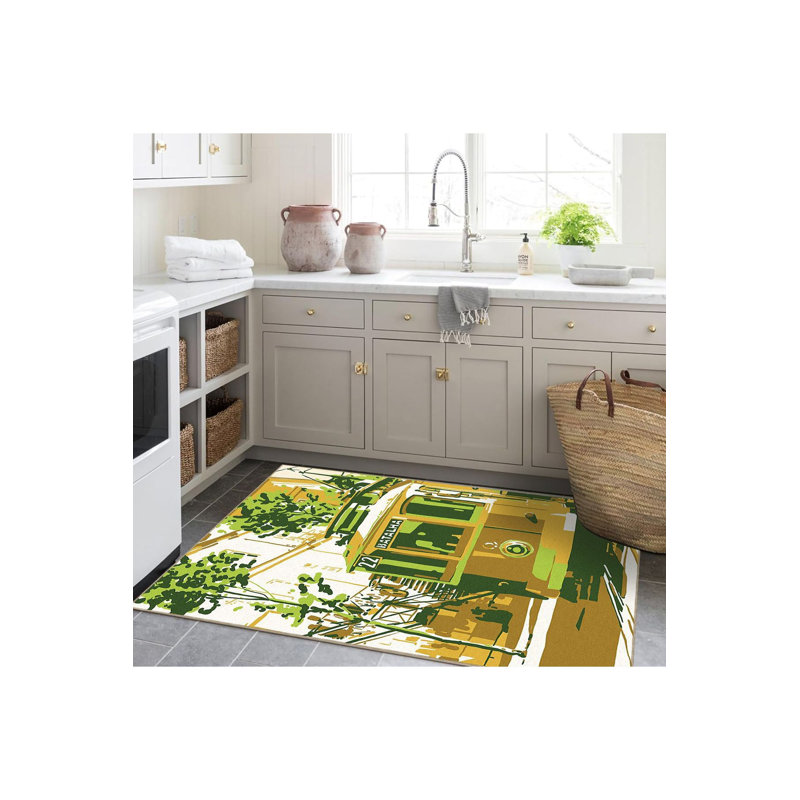 Tapis décoratif lavable à la machine vert et orange, Tapis de couloir 3 pi 3 po x 6 pi 7 po