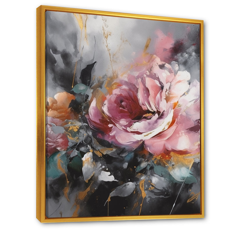 Roses roses romantiques - imprimé, H 20 po x l 12 po x P 1 po, Cadre flottant doré