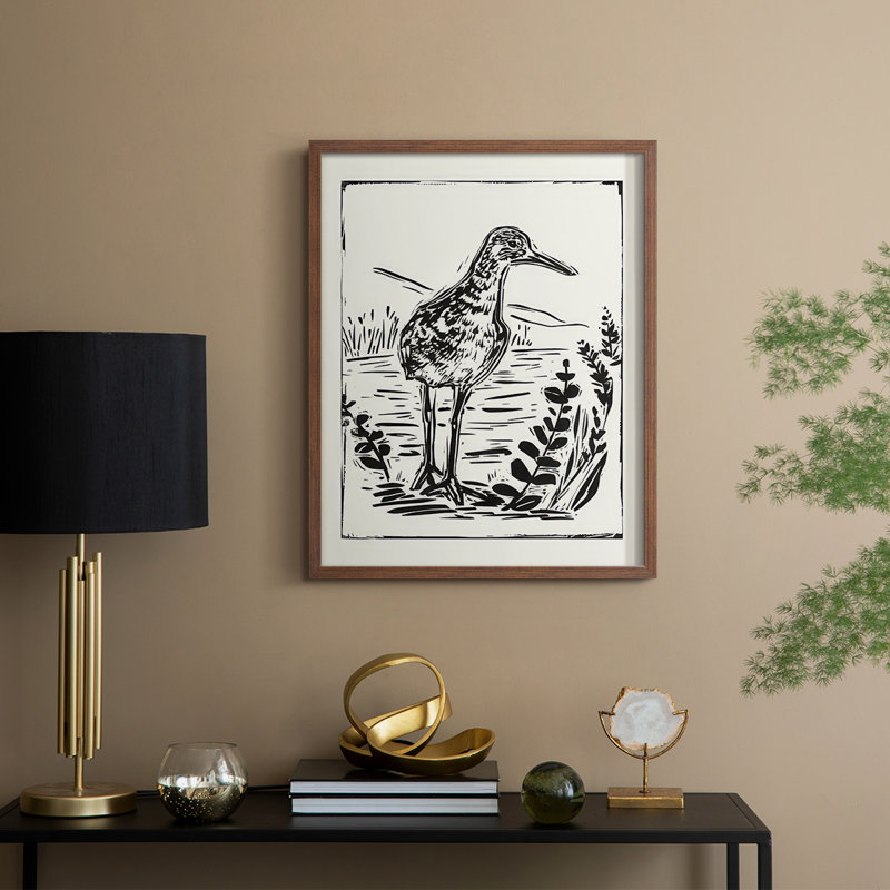 Linocut Style Seabird II, reproduction encadrée - bois massif, H 30 po x l 24 po, Noyer