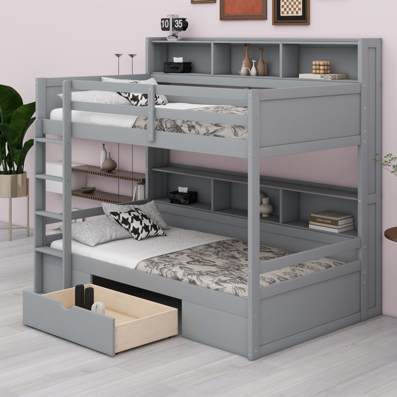 Lit superposé avec tablettes intégrées à côté des lits supérieur et inférieur et tiroir de rangement, Gris