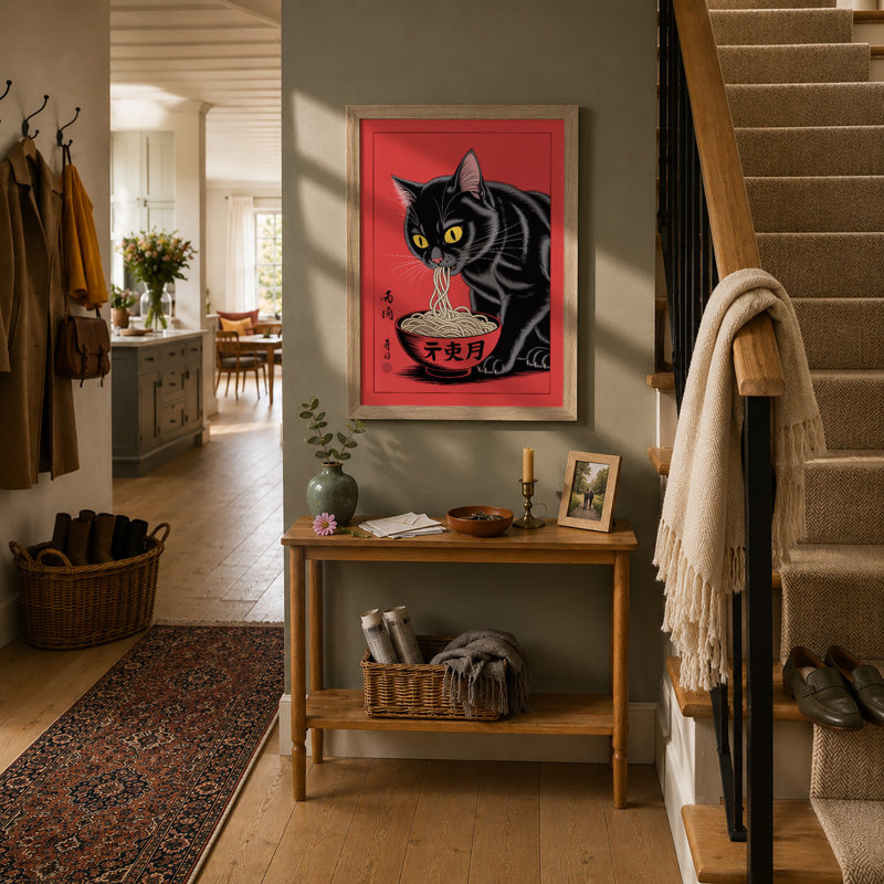 Lucky Cat with Noodles Japandi - Framed Print, A2 - 59.4 x 42.0 cm, Oak