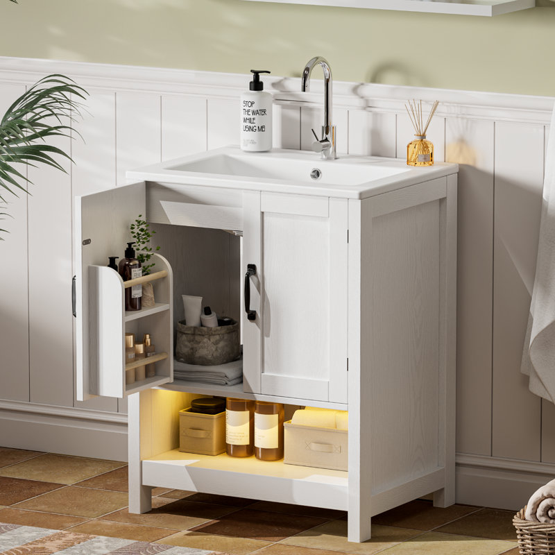 Meuble-lavabo à DEL 24 po avec lavabo, portes d'armoire doubles à fermeture en douceur et rangement, Noir, Blanc