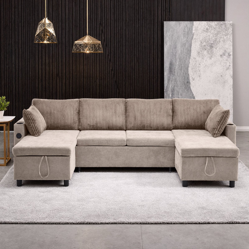 Beige Chenille 113" Sectional Sofa Bed with Storage Chaises, USB Ports & Cup Holders, Brown