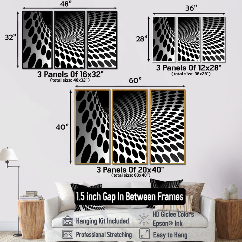 «Waves And Circles Black N White», 3 pièces, cadre flottant, impression sur toile, H 32 po x l 48 po, Silver