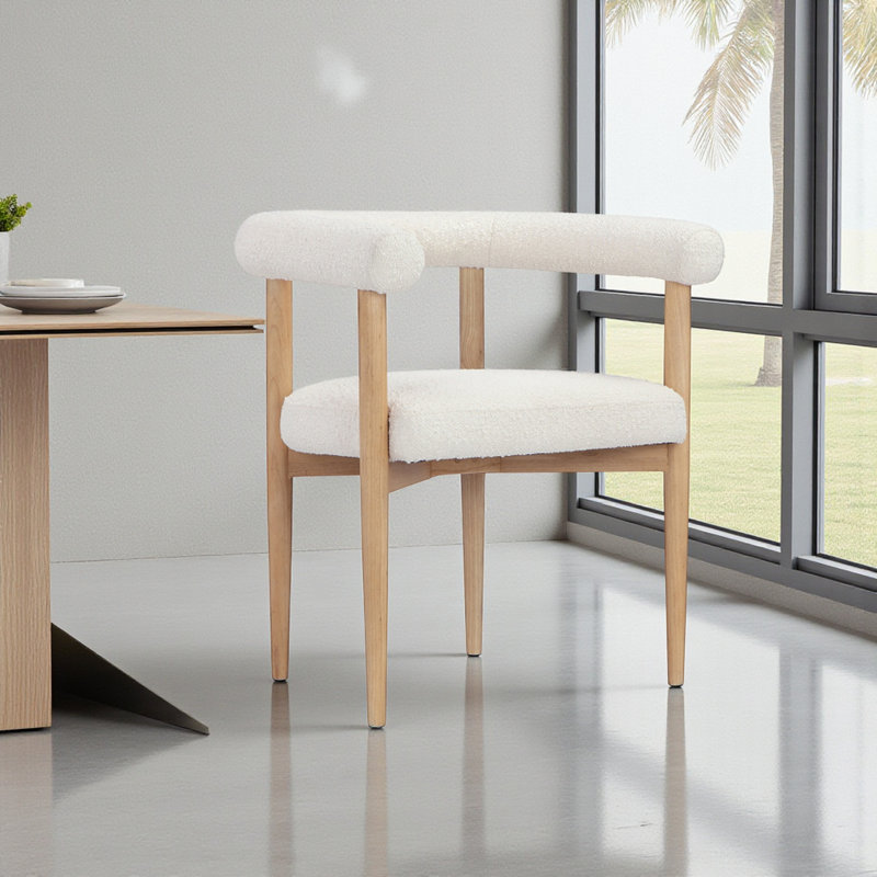 Pangea Home Bloom Accent Chair – White Bouclé Upholstered Chair Armchair with Natural Wood Frame, Modern Scandinavian Lounge Chair