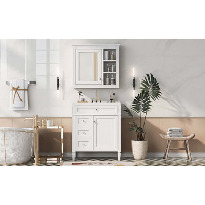 Ensemble de meuble-lavabo autoportant avec lavabo supérieur, meuble-lavabo moderne avec 2 tiroirs et tiroir escamotable