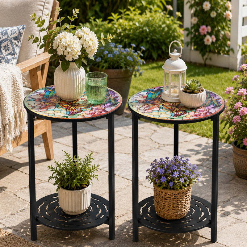 Ensemble de 2 tables rondes de patio, tables d'appoint en métal à 2 niveaux avec motif papillon