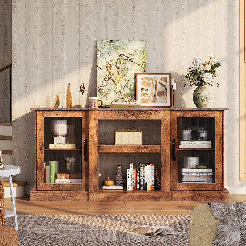 Rotonia Modern 58" TV Stand for 65 inch TVs, Fluted TV Console with Open Shelves and Storage Cabinets, Wooden Media Entertainment Center for Living Room and Bedroom