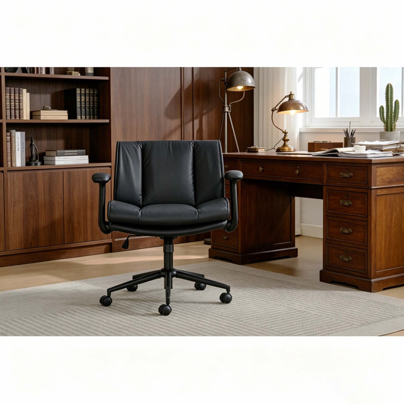 Ergonomic Cross-Legged Office Chair with Flip-Up Armrests, PU Leather Swivel Desk Chair with Adjustable Height, Tilt Function, and Wide Seat