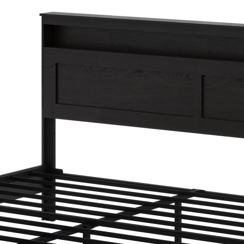 Structure de lit plateforme en bois avec tête de lit à DEL et USB, Noir foncé, Très grand lit