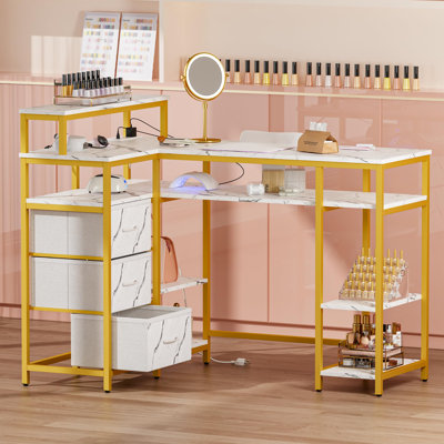 L Shaped Marbling Texture Manicure Table Nail Desk with Storage and Power Outlet, Nail Table for Nail Tech, Manicure Desk with 3 Drawers & Open Shelves, mesa para uñas for Salon, Home, Spa, Beauty
