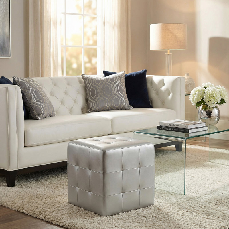Faux Leather Ottoman, Silver Faux Leather