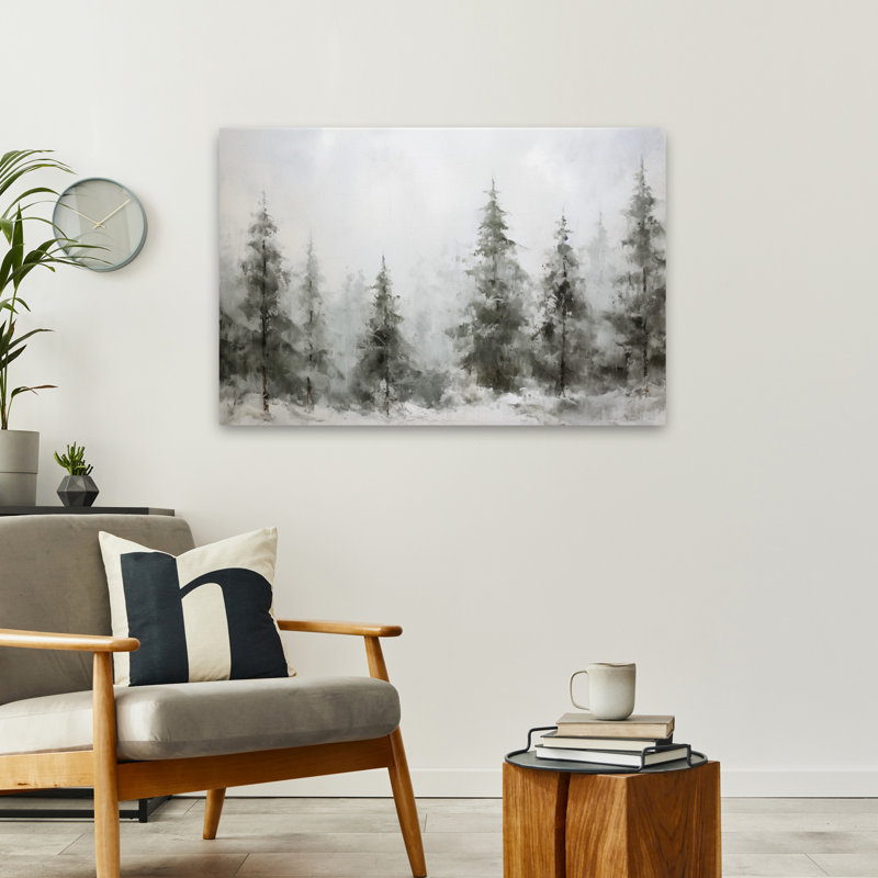 Vue hivernale - Forêt de pin brumeux contemporaine enneigée, scène d'hiver serein, H 24 po x l 36 po