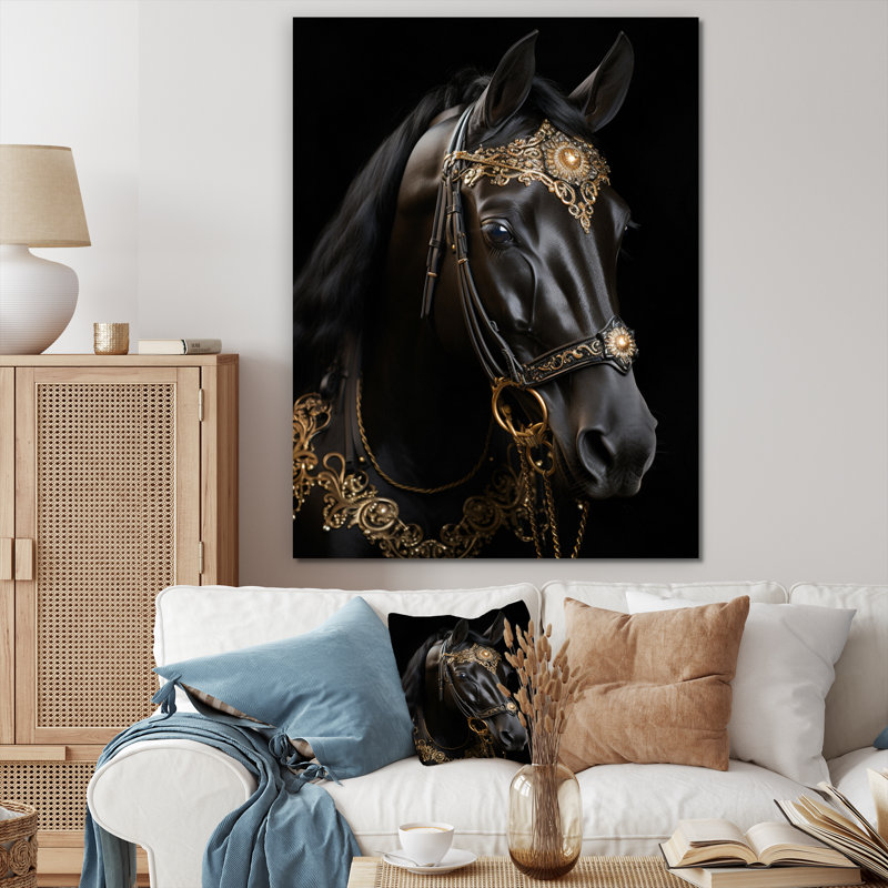 Cheval himalmanique noir et doré - Équitation dorée III - reproduction, H 32 po x l 16 po x P 1 po, Toile tendue