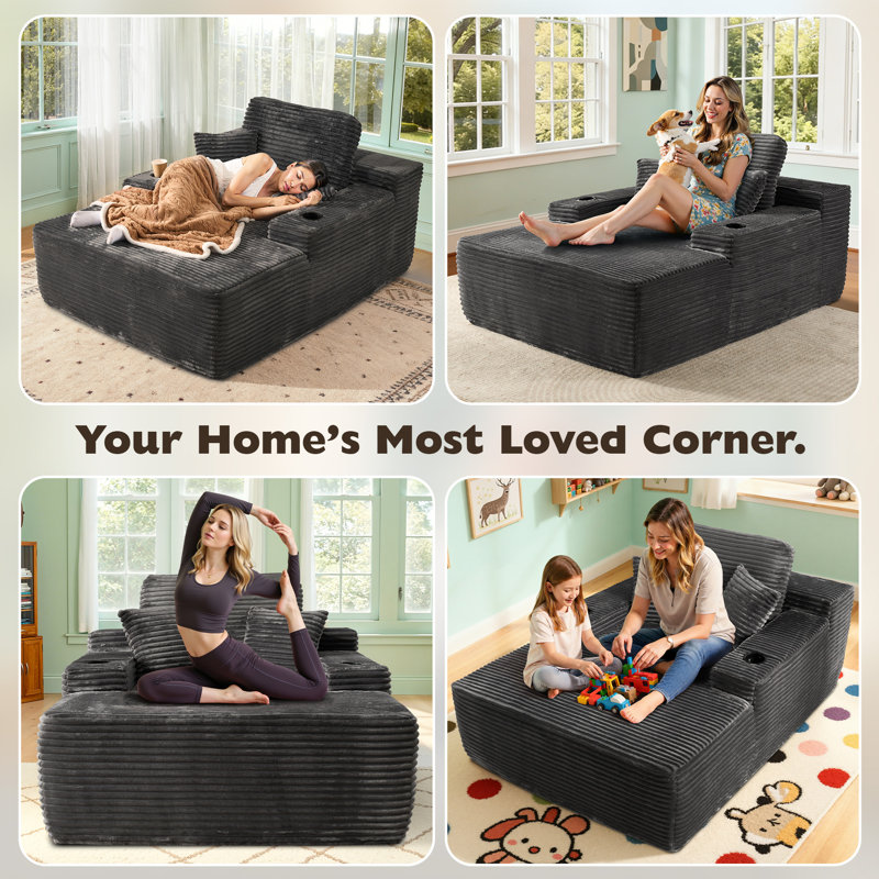 Cloudelle Oversized Plush Corduroy Compression Packed Chaise Lounge Chair , Gray Faux Fur