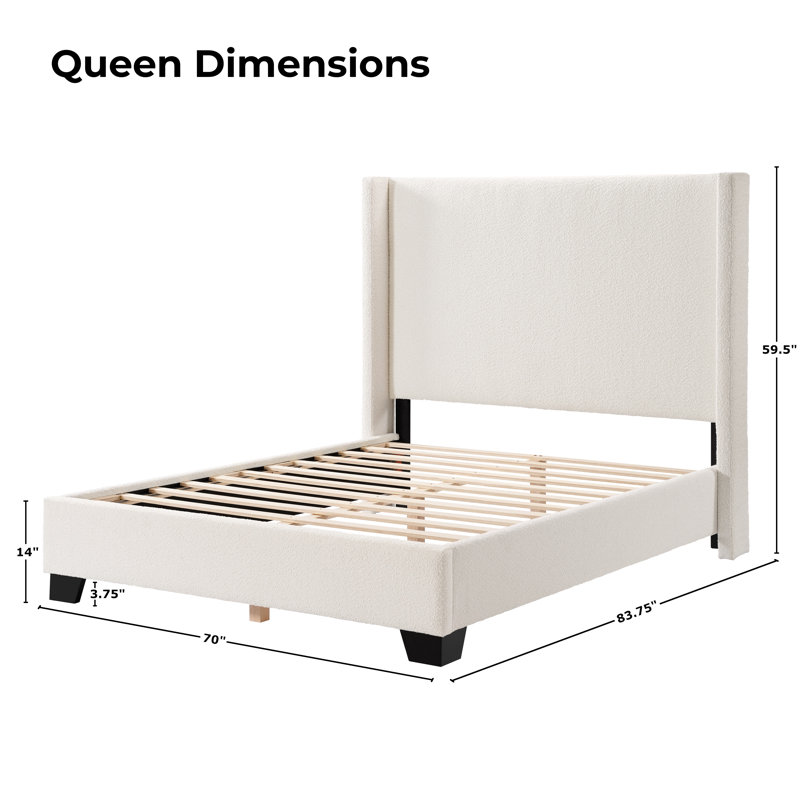 Reinette Upholstered Wingback Platform Bed, Queen, White Boucle