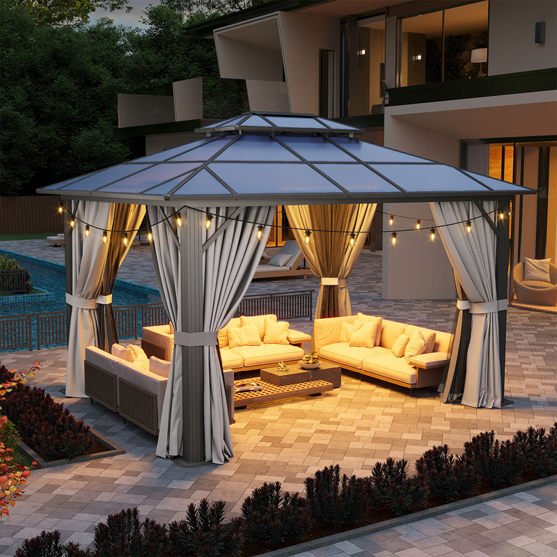 12 Ft. W X 10 Ft. D Aluminum Patio Hardtop Gazebo With String Lights