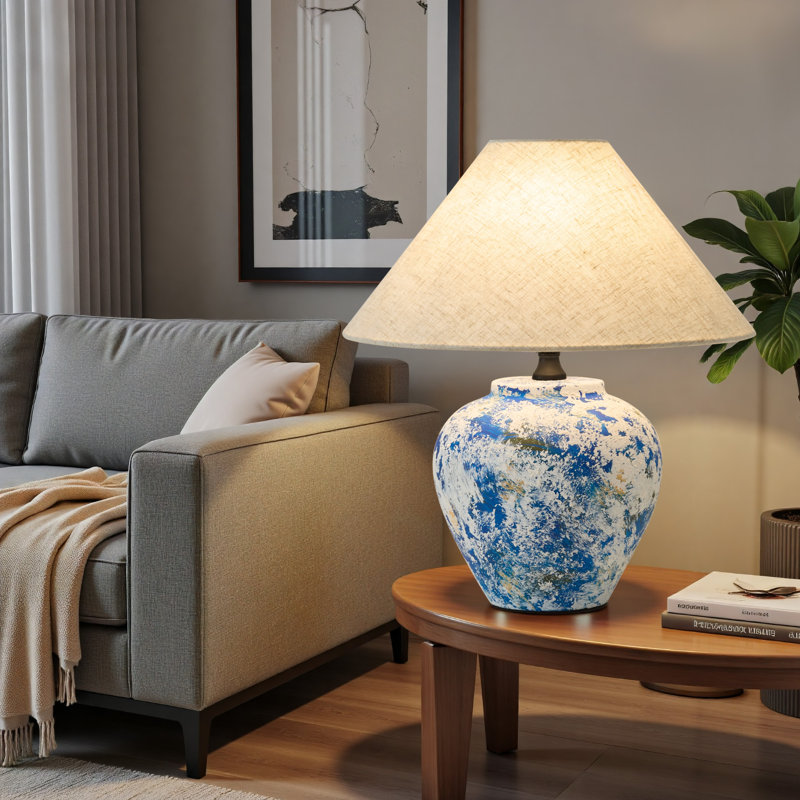 Handmade Starry Sky Ceramic Table Lamp – Blue & White Linen Shade For Living Room , Bedroom & Bedside