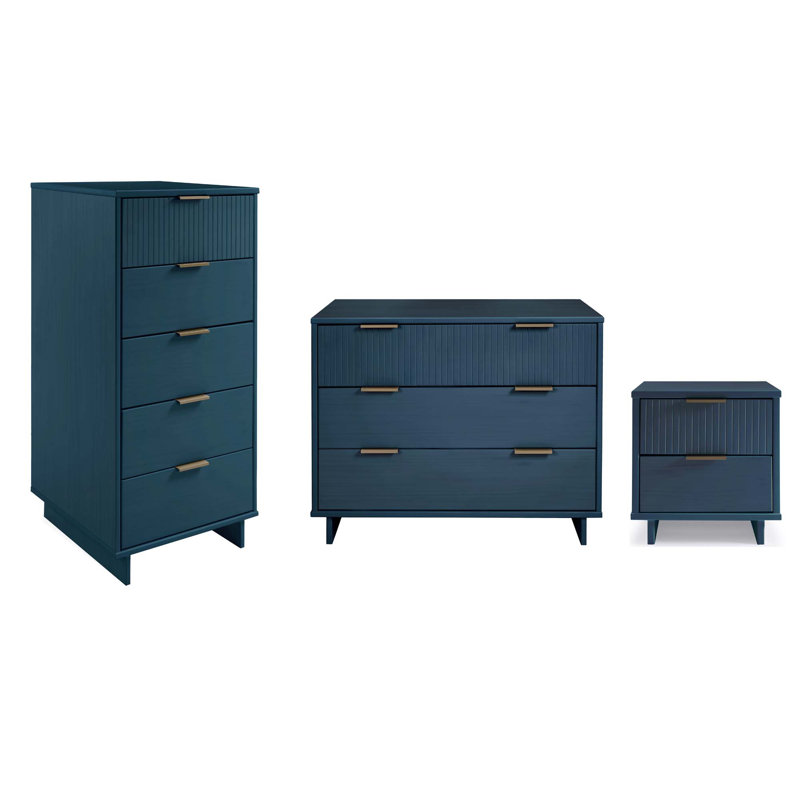Ensemble de chambre à coucher 3 pièces en bois massif avec commode, commode et table de chevet Granville, Bleu minuit