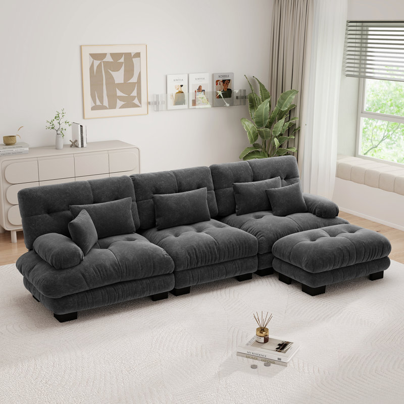 Canapé modulaire luxueux surdimensionné en forme de L avec sièges profonds et repose-pieds convertible gris anthracite chenille