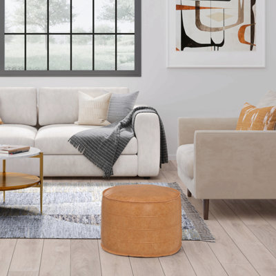 Pouf rond de 50 cm de diamètre en cuir végane camel brun vieilli