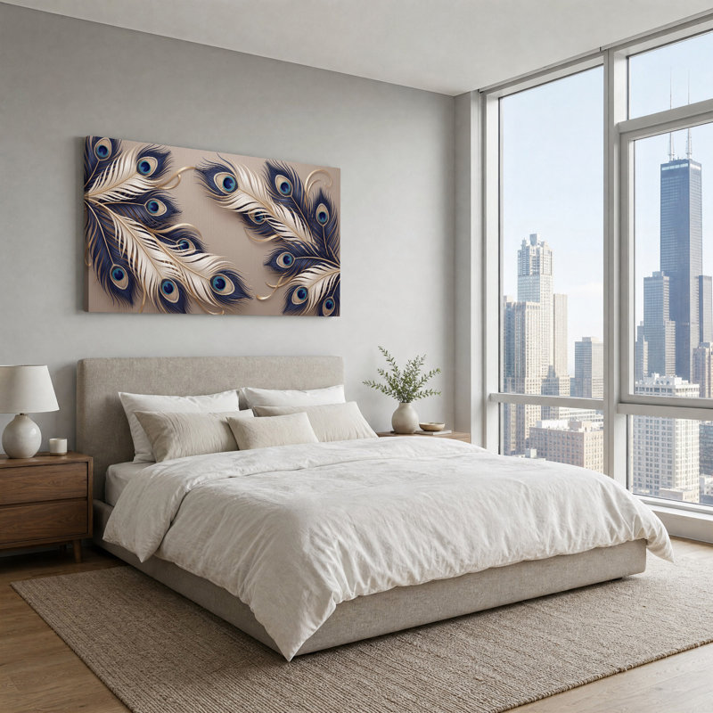 Impression sur toile bleu marine et plumes de paon blanches avec détails dorés, L 40 po x H 20 po
