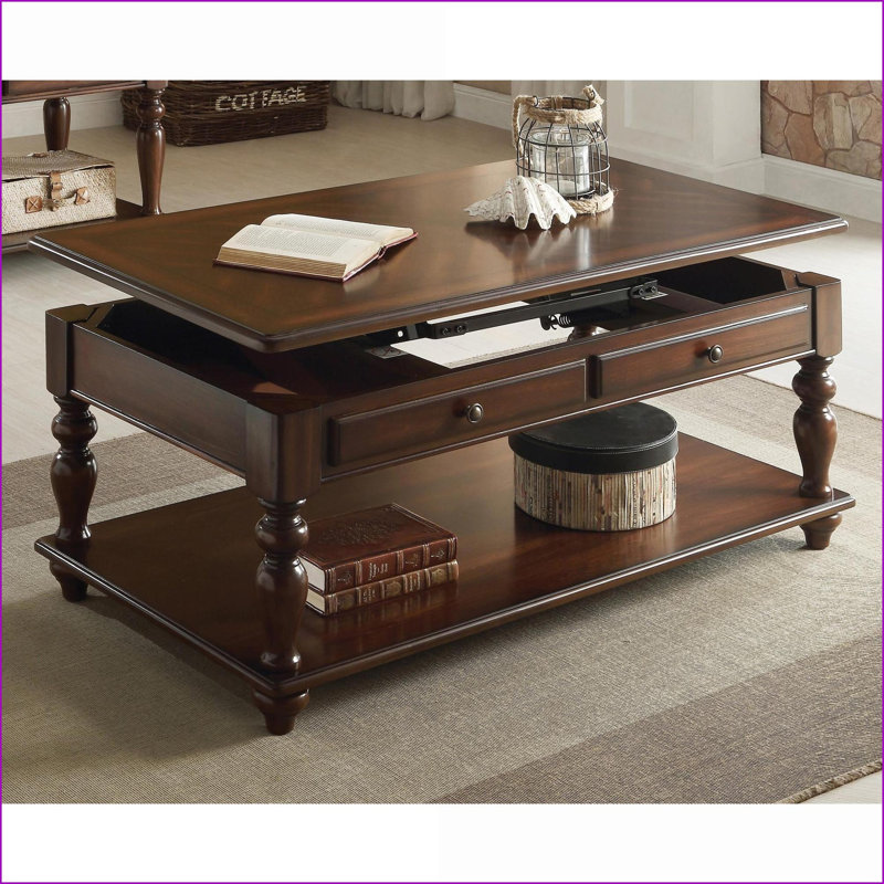 Table basse à plateau relevable en noyer avec tablette inférieure - peu encombrante pour le salon