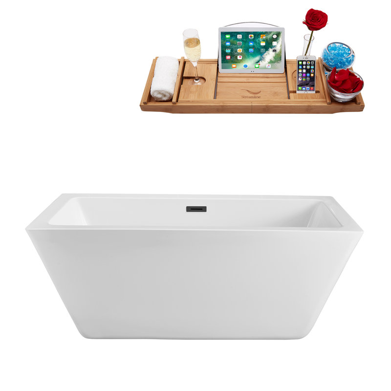 60" Streamline Freestanding Soaking Acrylic Bathtub With Drain and Bamboo Tray, Brushed Gun Metal