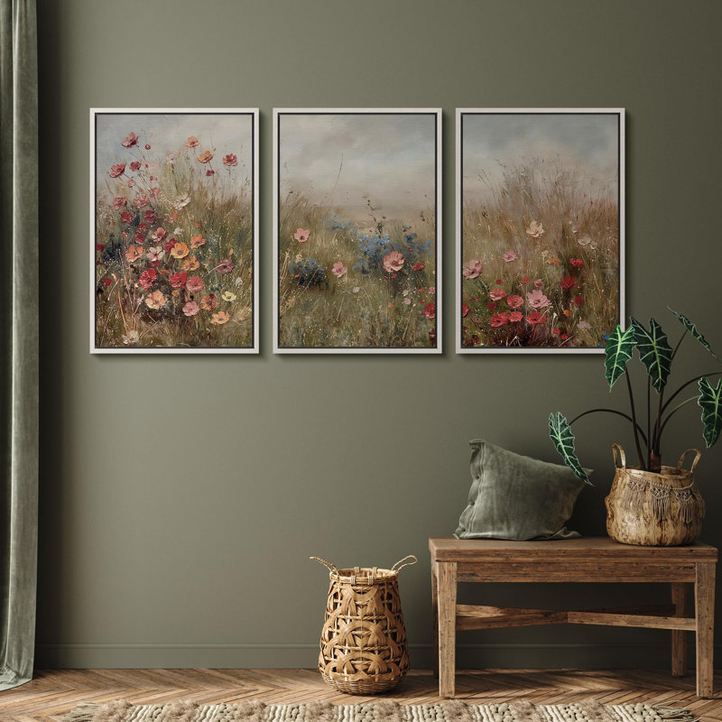 Pastoral Wildflower Fields Rustic Farmhouse Decor Artwork Wall Art Framed 3 Pieces Canvas Print, H 24 po x l 16 po x P 1,5 po
