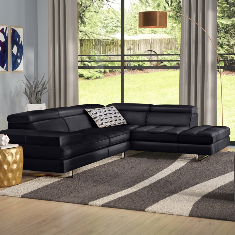 Upholstered Sectional, Right Hand Facing, Black Genuine Leather