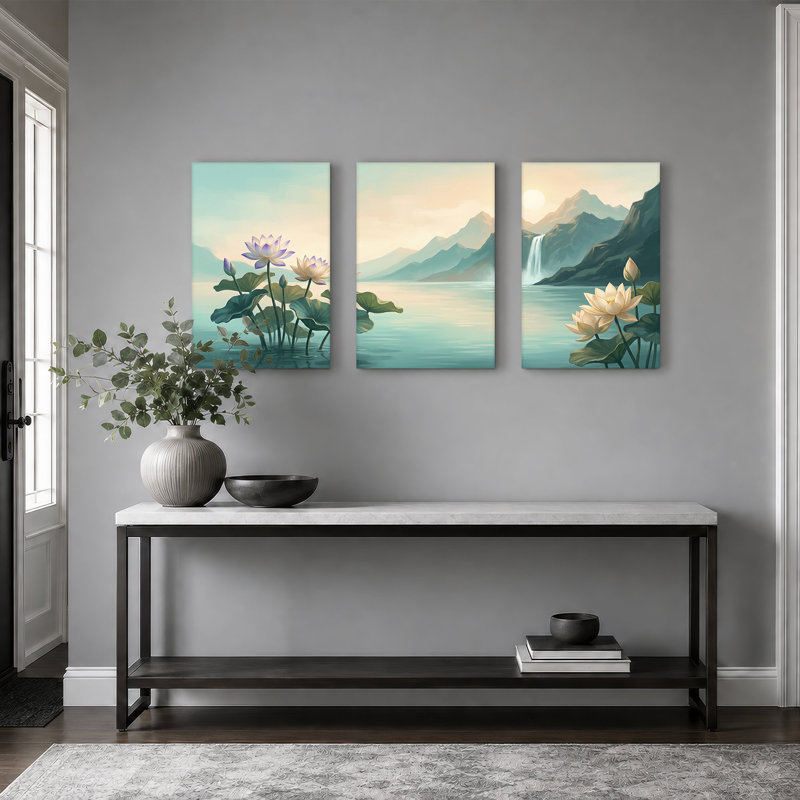 Ensemble de 3 toiles de lotus mauves et crème par Mountain, H 18 po x l 12 po x 3 pièces