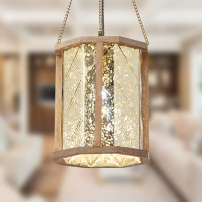 9"W Meckenzie 1-Light Mercury Glass Pendant with Oak Finish Frame