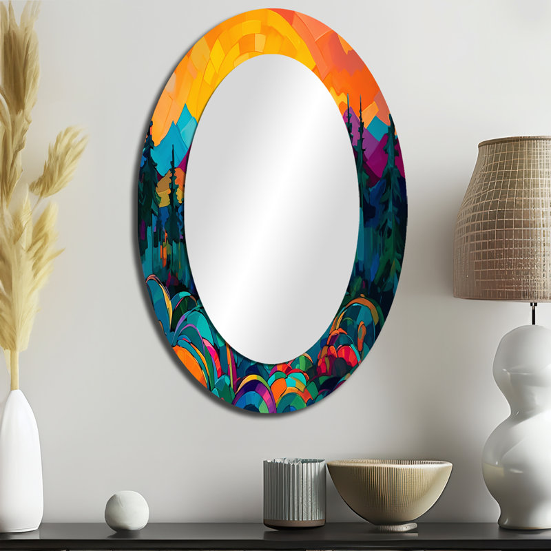 Haashir Vibrant Sunset Shining Over Mountains II - Mountains Decorative Mirror, Orange Wall Mirror, Printed Metal Art, Oval