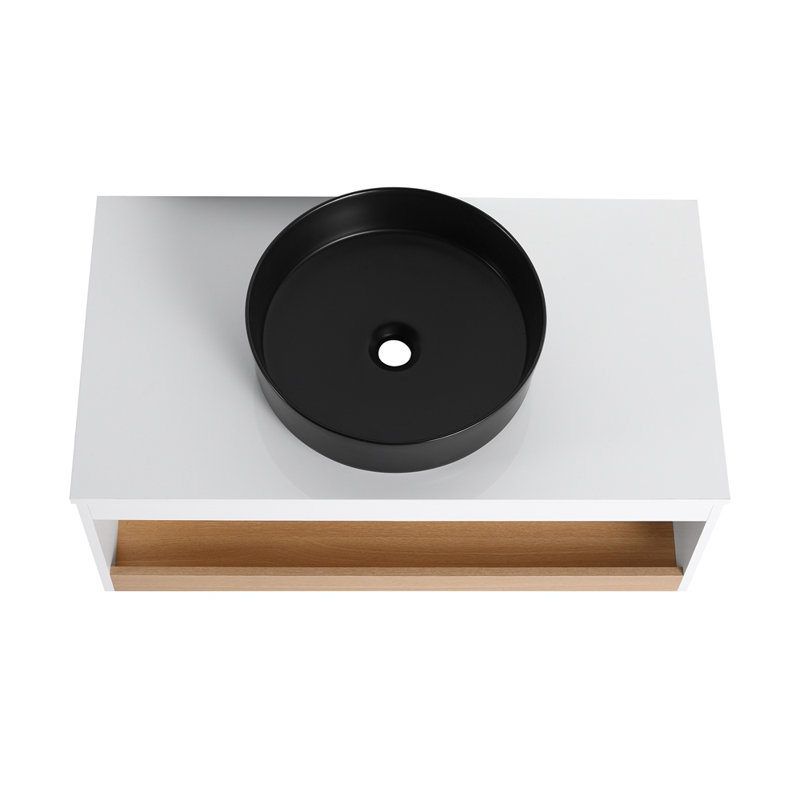Lavabo vasque rond 36 po, meuble-lavabo mural avec rangement ouvert, finition blanche avec comptoir durable, conception moderne peu encombrante (livré dans 2 boîtes)